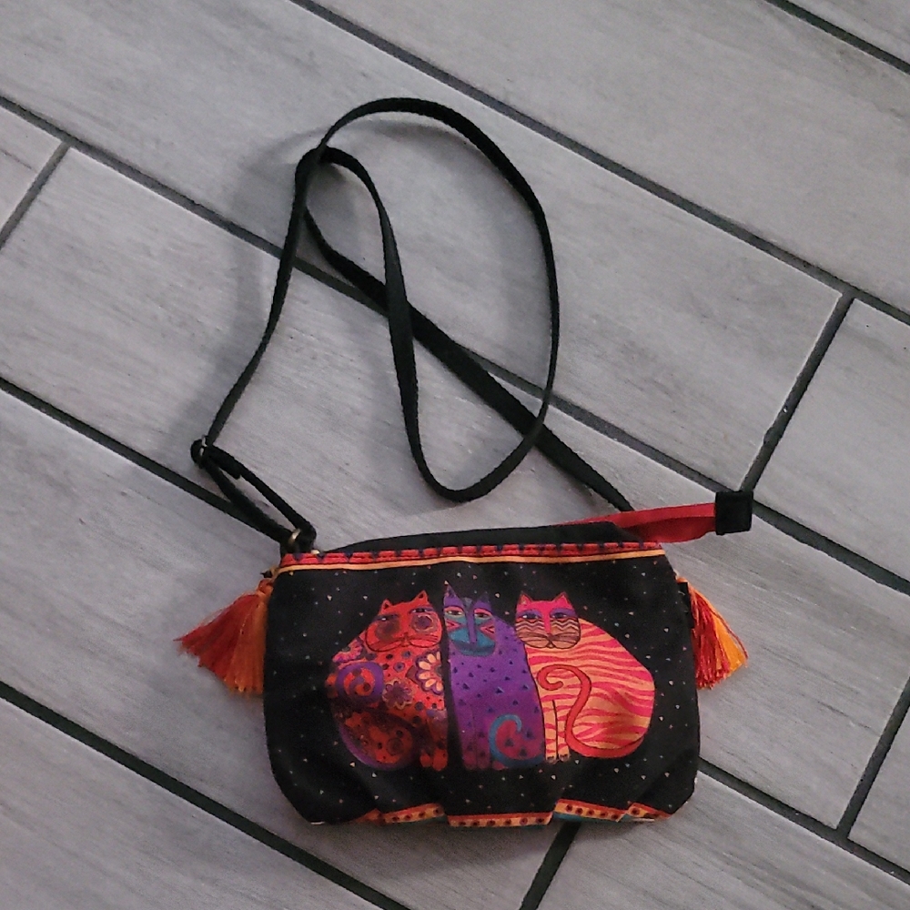 Laurel Burch Colorful Cat Design Crossbody Bag Boho Hippie